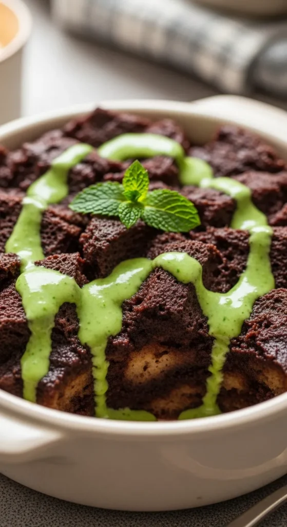 Chocolate Bread Pudding with Mint Sauce