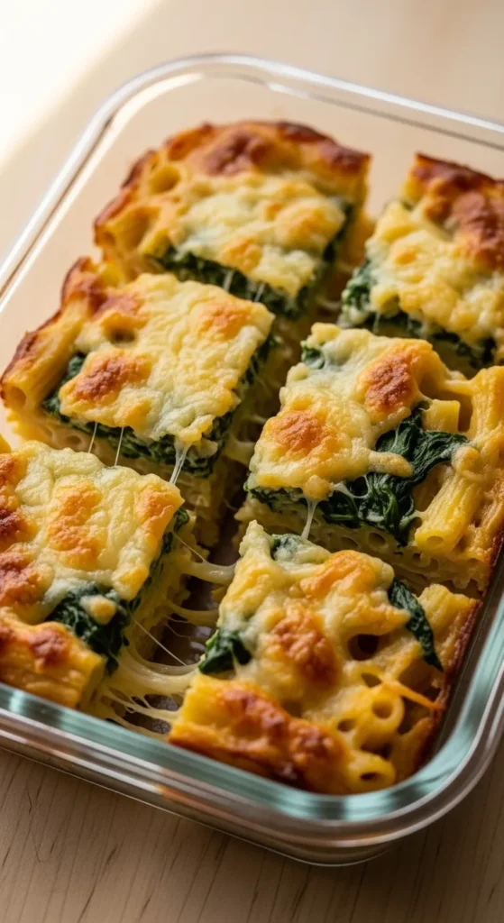 Spinach Pasta Bake Squares