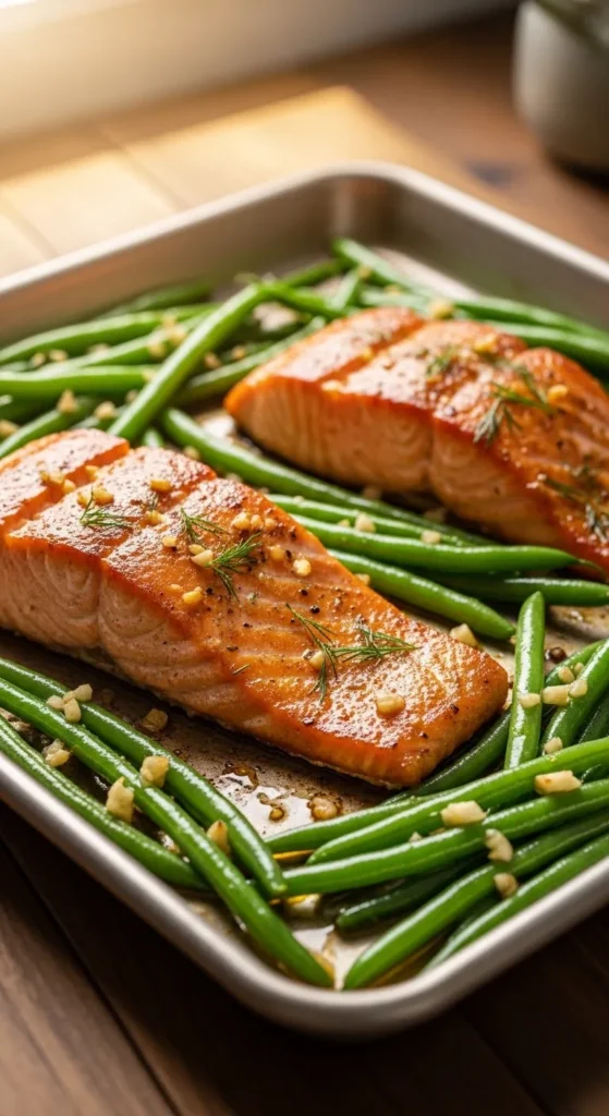 Baked Salmon with Garlic Green Beans