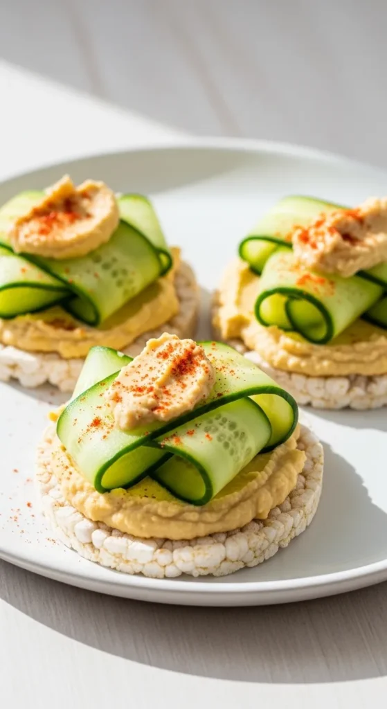 Rice Cakes with Hummus and Cucumber