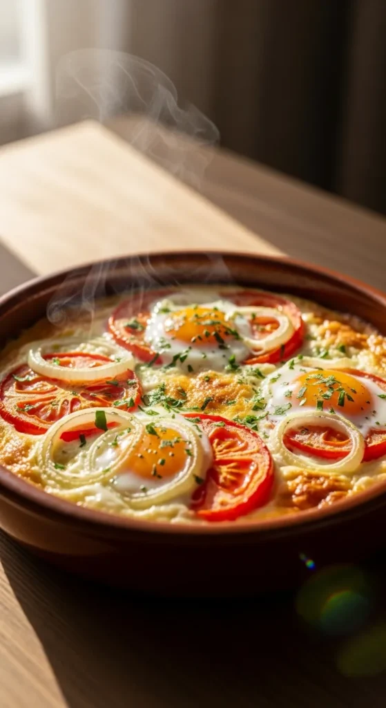 Tomato Onion Egg Tray Bake